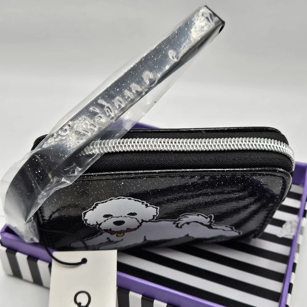 NEW Marc Tetro White Bichon Frise Dog Black Glitter Wristlet Wallet with Box